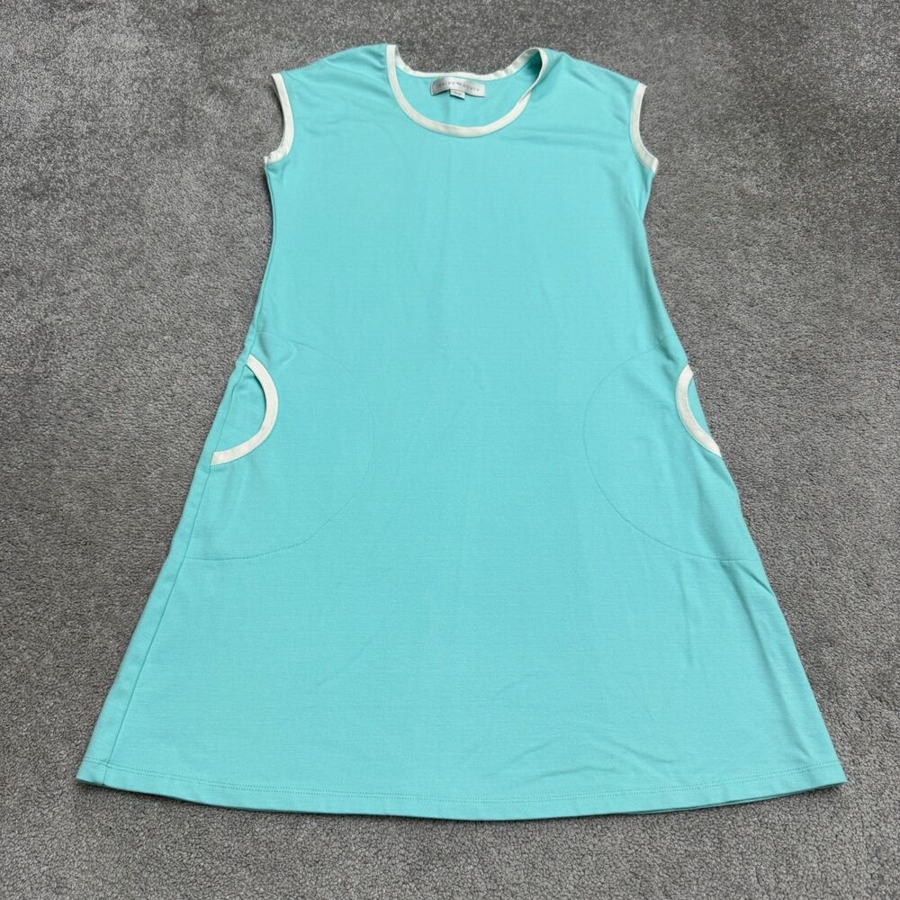 Lesley Evers A-Line Shift Dress Women Large Blue White Sleeveless Pockets Casual